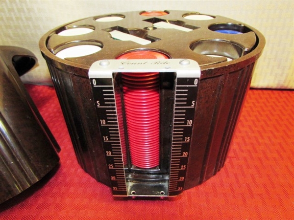 VINTAGE POKER OR BRIDGE NIGHT!  BAKELIGHT POKER CHIP CADDY W/CHIPS, ARCO CARD SHUFFLER, CARD HOLDERS, PLAYING CARDS & MORE