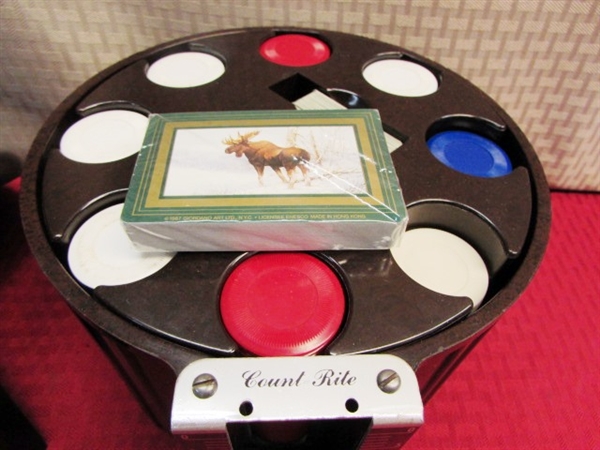 VINTAGE POKER OR BRIDGE NIGHT!  BAKELIGHT POKER CHIP CADDY W/CHIPS, ARCO CARD SHUFFLER, CARD HOLDERS, PLAYING CARDS & MORE