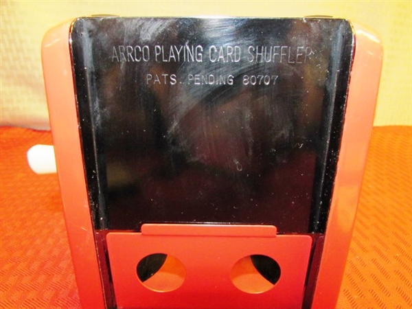 VINTAGE POKER OR BRIDGE NIGHT!  BAKELIGHT POKER CHIP CADDY W/CHIPS, ARCO CARD SHUFFLER, CARD HOLDERS, PLAYING CARDS & MORE