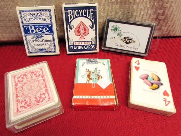 VINTAGE POKER OR BRIDGE NIGHT!  BAKELIGHT POKER CHIP CADDY W/CHIPS, ARCO CARD SHUFFLER, CARD HOLDERS, PLAYING CARDS & MORE