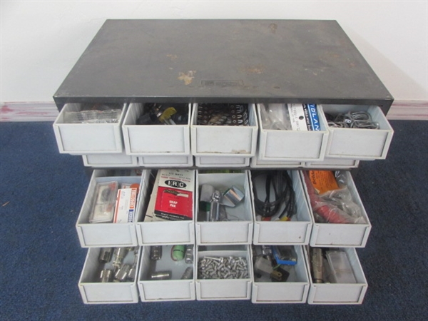 TWENTY DRAWER HARDWARE ORGANIZER WITH SWITCHES, CAPACITORS, RESISTORS & MORE