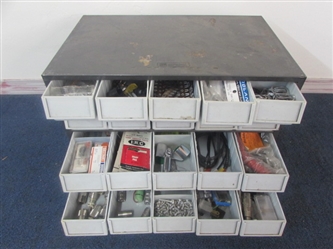 TWENTY DRAWER HARDWARE ORGANIZER WITH SWITCHES, CAPACITORS, RESISTORS & MORE