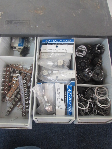 TWENTY DRAWER HARDWARE ORGANIZER WITH SWITCHES, CAPACITORS, RESISTORS & MORE