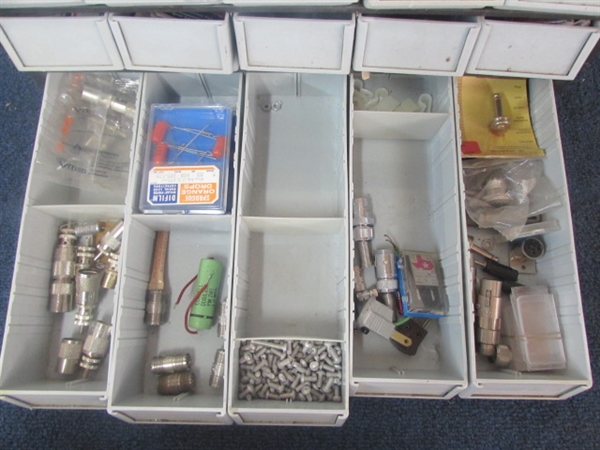 TWENTY DRAWER HARDWARE ORGANIZER WITH SWITCHES, CAPACITORS, RESISTORS & MORE