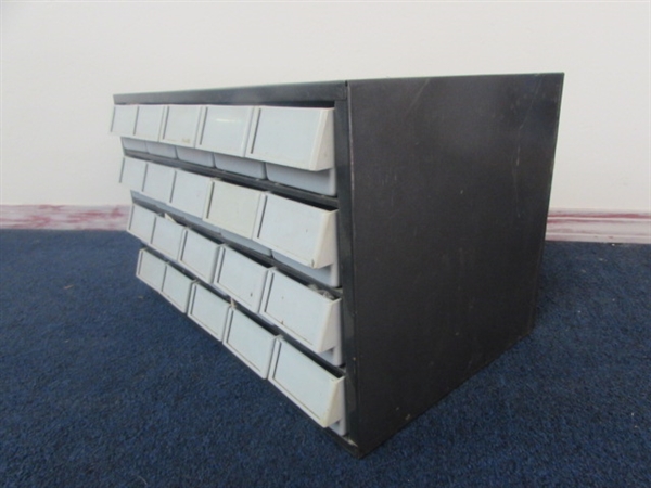 TWENTY DRAWER HARDWARE ORGANIZER WITH SWITCHES, CAPACITORS, RESISTORS & MORE