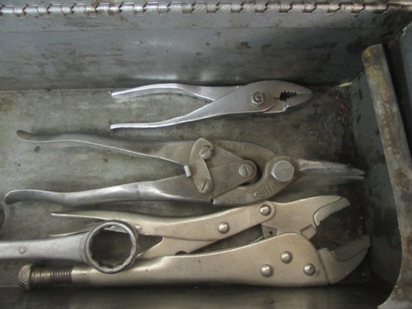 CRAFTSMAN TOOLBOX WITH SOCKETS, RATCHETS, WRENCHES VICE GRIPS, PLIERS & HAMMER