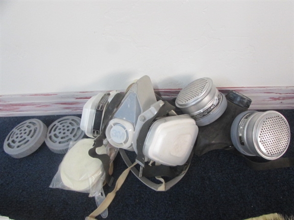 TONS OF PAINTING SUPPLIES - AIRBRUSH, MASKS, PAINT SRIPPER, BRUSHES, ROLLERS, DROP CLOTHS & MORE