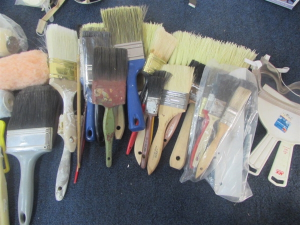 TONS OF PAINTING SUPPLIES - AIRBRUSH, MASKS, PAINT SRIPPER, BRUSHES, ROLLERS, DROP CLOTHS & MORE