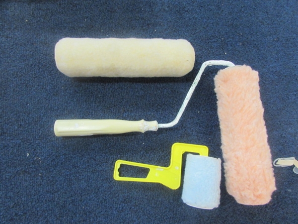 TONS OF PAINTING SUPPLIES - AIRBRUSH, MASKS, PAINT SRIPPER, BRUSHES, ROLLERS, DROP CLOTHS & MORE