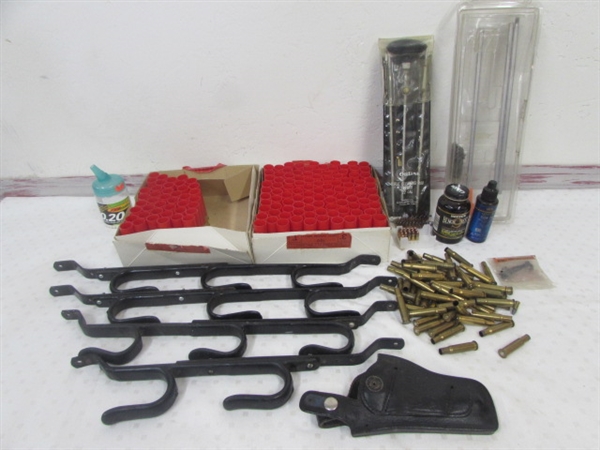 GUN RACKS, LEATHER HOLSTER, SHOTGUN SHELLS, 30-30 SHELLS, GUN CLEANERS & MORE