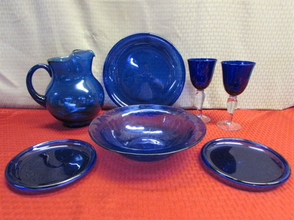 ABSOLUTELY GORGEOUS COBALT GLASS - PITCHER, GOBLETS, SERVING BOWL & PLATES