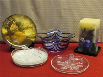 HAND BLOWN GLASS BOWL W/COBALT STRIPES, COLLECTIBLE PLATE, CANDLE & 