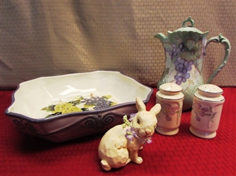 PRETTY LAVENDER - HAND PAINTED COFFEE POT & LARGE SERVING DISH, IRIS S&P SHAKERS & CUTE BUNNY 