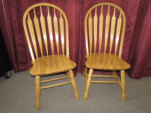 TWO PRETTY OAK ARROW BACK DINING CHAIRS