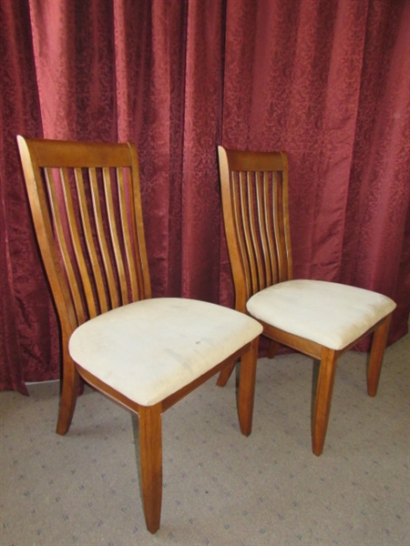 TWO NICE WOOD SIDE CHAIRS WITH UPHOLSTERED SEATS, NICE & ROOMY