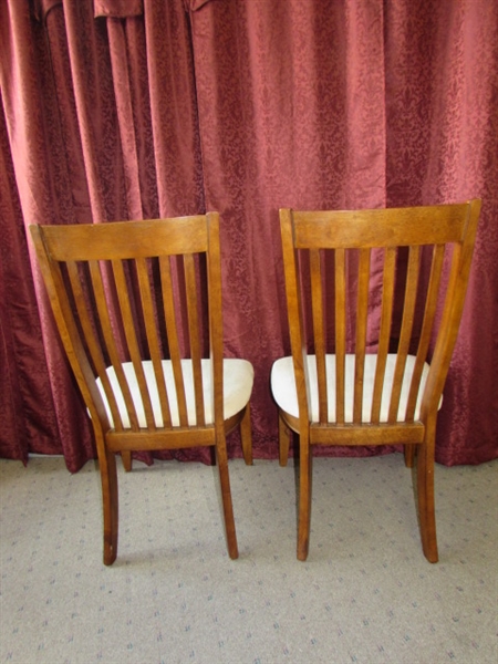 TWO NICE WOOD SIDE CHAIRS WITH UPHOLSTERED SEATS, NICE & ROOMY