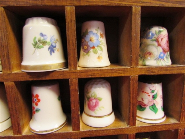 WONDERFUL VINTAGE THIMBLE COLLECTION - 51 THIMBLES IN WOOD CASE