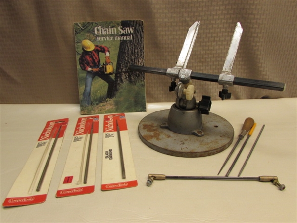 SHARPEN UP!  JIG & STAND, BOOK & FILES TO KEEP YOUR CHAIN SAW SHARP!