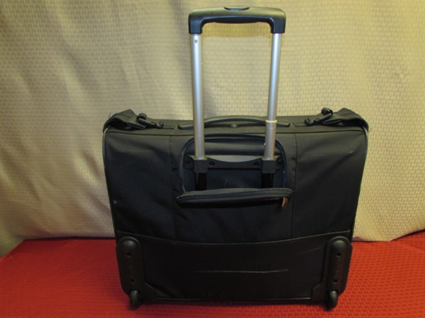 NICE AMERICAN TOURISTER SOFT SIDED SUIT CASE/GARMENT BAG FOR YOUR SUMMER TRAVELS - ON WHEELS!