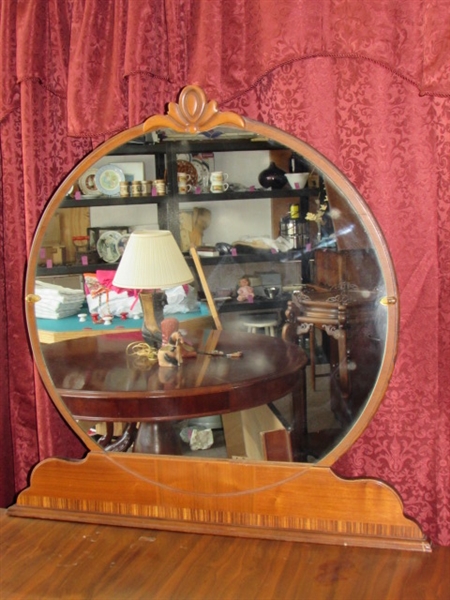 GORGEOUS ANTIQUE WATERFALL DRESSER WITH ROUND MIRROR 