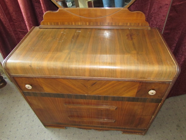 GORGEOUS ANTIQUE WATERFALL DRESSER WITH ROUND MIRROR 