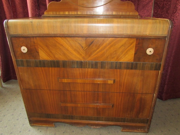 GORGEOUS ANTIQUE WATERFALL DRESSER WITH ROUND MIRROR 