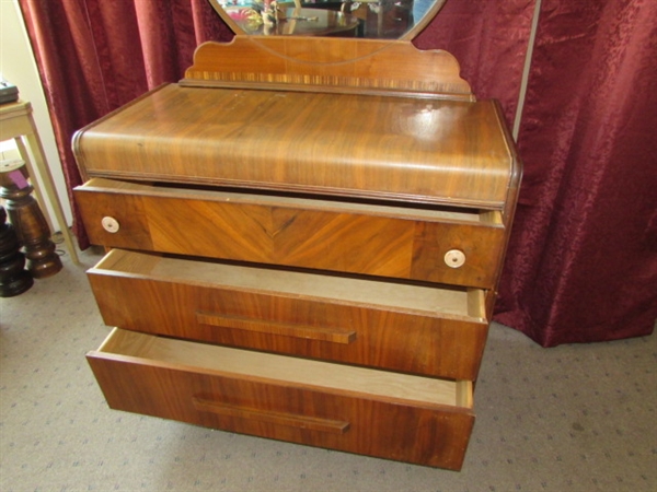 GORGEOUS ANTIQUE WATERFALL DRESSER WITH ROUND MIRROR 