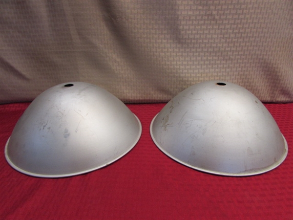 TWO METAL PARABOLIC REFLECTORS FOR PHOTOGRAPHY, THE HEAT LAMP IN THE HEN HOUSE OR YOUR NEXT STEAMPUNK PROJECT