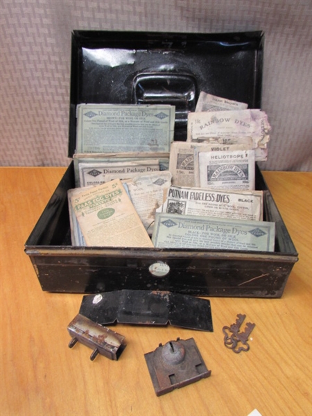 OLD TIN BOX WITH LOCK & KEYS INSIDE, PLUS LOADS  VINTAGE PACKETS OF DYE