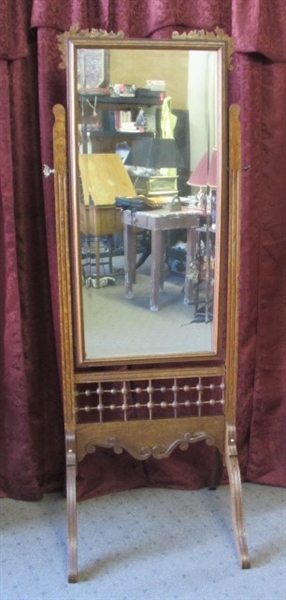 WONDERFUL ANTIQUE CROSS CUT OAK CHEVAL MIRROR WITH BEAUTIFUL CARVED WOOD WORK