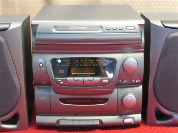 EMERSON COMPACT STEREO WITH 3 DISC CHANGER, CASSETTES,  REMOTE & SPEAKERS 
