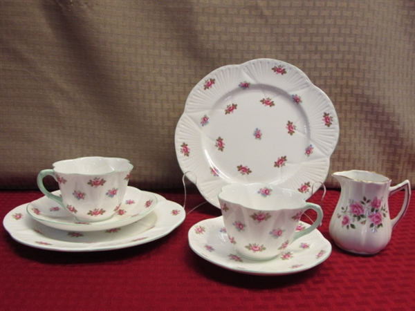 DELICATE VINTAGE SHELLEY ENGLAND FINE BONE CHINA 2 PLACE SETTINGS & A ROSINA CREAMER