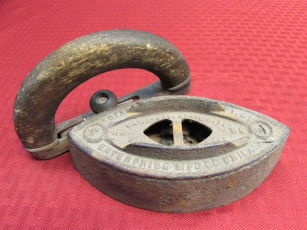 TWO ANTIQUE FLAT IRONS, ONE WITH WOOD HANDLE