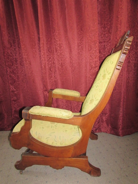 ANTIQUE UPHOLSTERED CARVED WOOD ROCKING CHAIR 