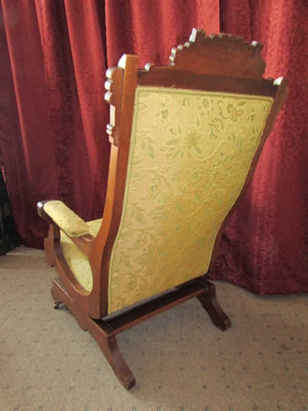 ANTIQUE UPHOLSTERED CARVED WOOD ROCKING CHAIR 