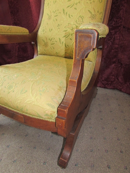ANTIQUE UPHOLSTERED CARVED WOOD ROCKING CHAIR 