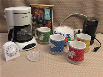TIME FOR COFFEE!  4 CUP MR. COFFEE POT, FARM MUGS, FILTERS, GRINDER, COASTERS, TIMER & MORE