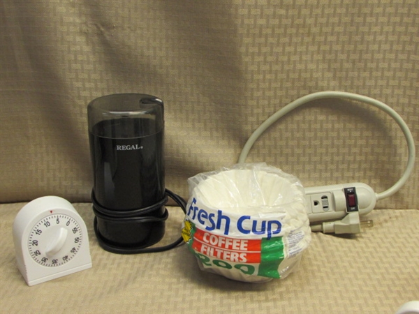 TIME FOR COFFEE!  4 CUP MR. COFFEE POT, FARM MUGS, FILTERS, GRINDER, COASTERS, TIMER & MORE