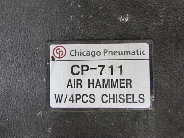 CHICAGO PNEUMATIC AIR HAMMER WITH MULTIPLE CHISEL HEADS & BRASS CONNECTOR