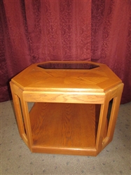OCTAGON TABLE WITH BEVELED GLASS INSERT 