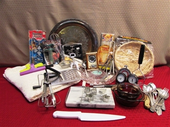 LACE TABLECLOTH, RELISH DISH, LOTS OF UTENSILS, MARBLE CHEESE SLICER, SILVER PLATE TRAY & MORE 