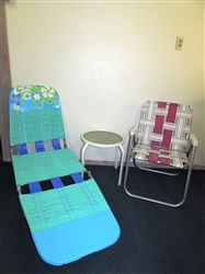 RELAX ON THE PATIO-FOLDING LOUNGE CHAIR & LAWN CHAIR & SMALL PATIO TABLE 