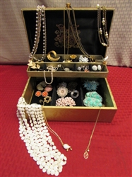 JEWELRY BOX FULL OF VINTAGE JEWELRY-GOLD RIMMED WHEAT PENNY, RHINESTONES, FAUX PEARLS, GOLD TONE BROOCHES & MORE