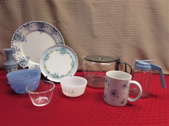 BEAUTIFUL BLUE-TWO VINTAGE FINE CHINA PLATES, FIRE KING BOWLS, 10 CUP COFFEE CARAFE, WEDGEWOOD STYLE VASE & MORE