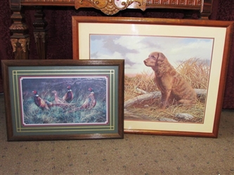 TWO PIECES OF FRAMED WALL ART FOR YOUR RUSTIC HUNTING CABIN OR MAN CAVE- OL BIRD DOG & PHEASANTS