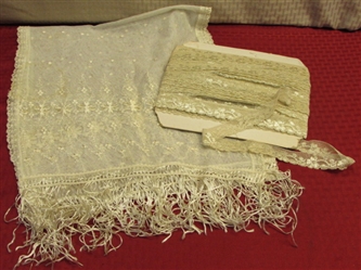 A FULL CARD OF DELICATE OLD LACE & OLD LACE TABLE RUNNER WITH FRINGE