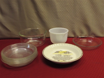 START PRACTICING FOR YOUR HOLIDAY BAKING!  GLASS MIXING BOWLS, PYREX PIE PLATES & MORE