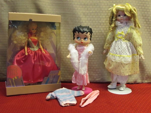 BOOP-BOOP A DOO!  1986 BETTY BOOP FASHION DOLL, NIB NITE LIGHTS DOLL & OLD FASHIONED PORCELAIN DOLL