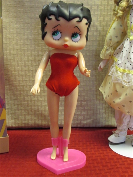 BOOP-BOOP A DOO!  1986 BETTY BOOP FASHION DOLL, NIB NITE LIGHTS DOLL & OLD FASHIONED PORCELAIN DOLL