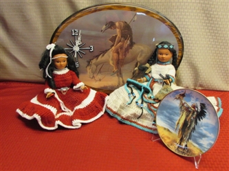 BEAUTIFUL NATIVE AMERICAN DÉCOR-WARRIOR ON HORSEBACK WALL CLOCK, COLLECTIBLE PLATE & TWO PRETTY DOLLS WITH HANDMADE DRESSES